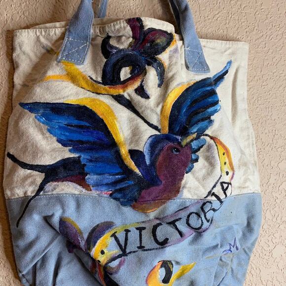 Custom Ed Hardy Style Tattoo Hand Painted Name Canvas Tote. Reads “Victoria”. - Picture 3 of 3